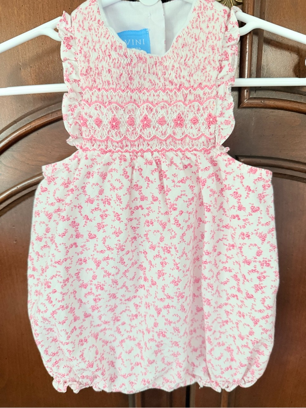 Anavini Hand Smocked Pink Floral Bubble Romper 12M